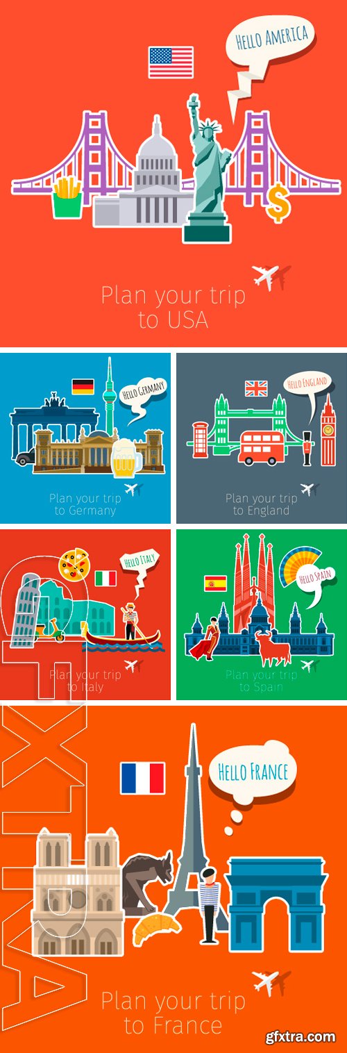 Stock Vectors - Concept of travel or studying . Flag with landmarks. Flat design, vector illustration
