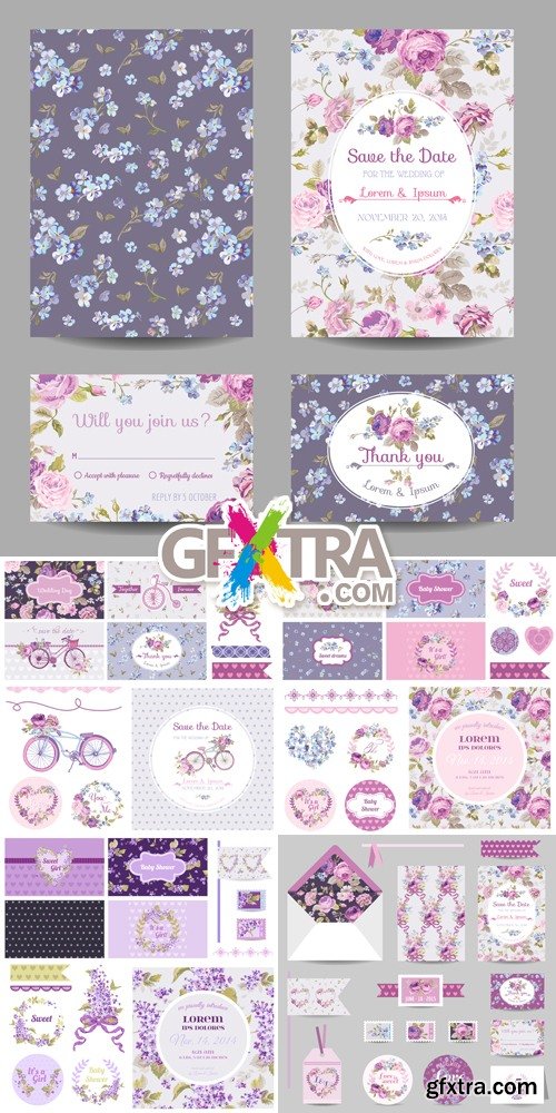 Purpe Floral Cards Vector