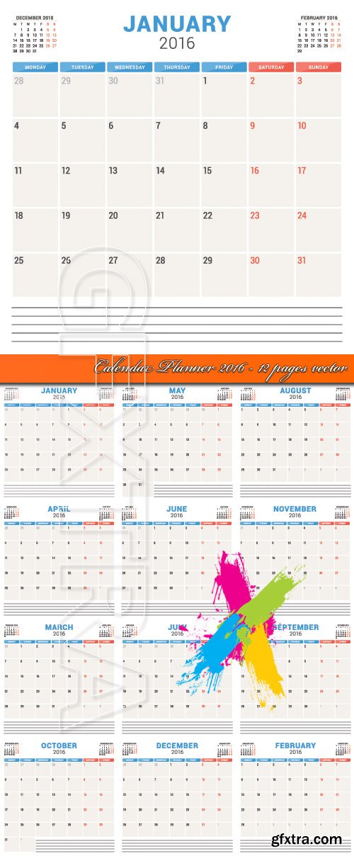 Calendar Planner 2016 - 12 pages vector