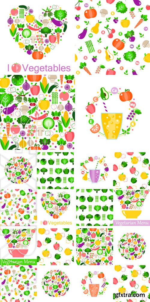 Stock Vectors - Set of seamless patterns and Vegetarian menus of restaurants, cooking, recipes, fruits and vegetables