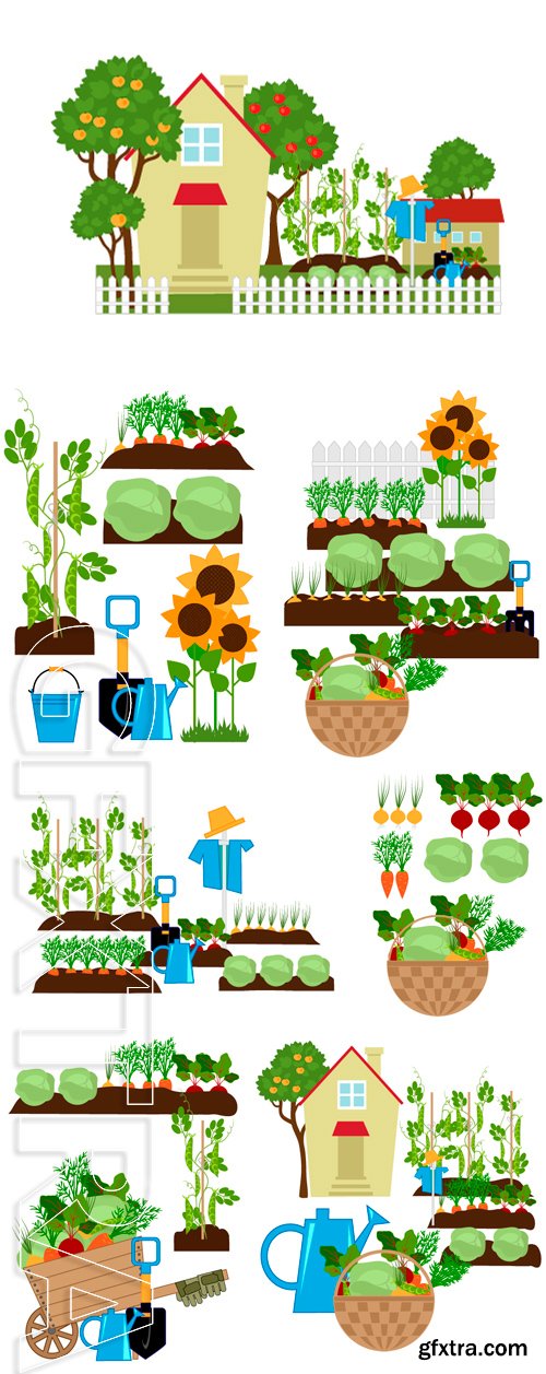 Stock Vectors - Small house among the apple trees, vegetables in the beds, scarecrow and garden tools