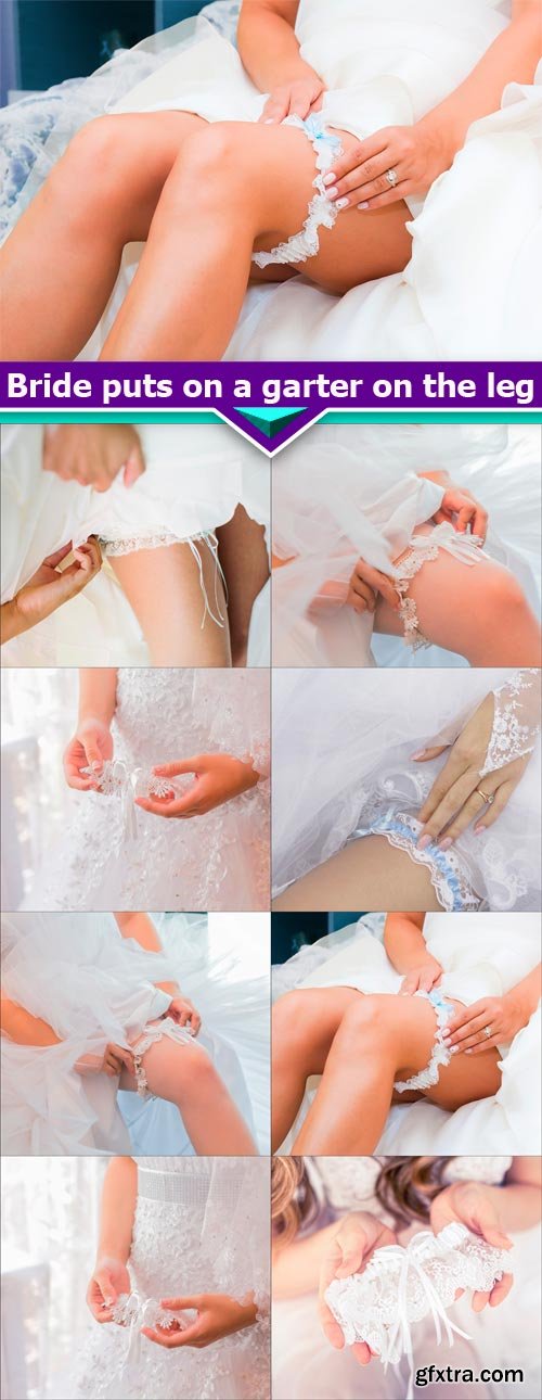 Bride puts on a garter on the leg 8X JPEG