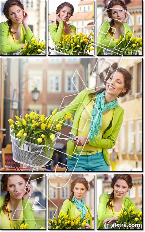 Sensual brunette girl sitting on bicycle with some spring flowers in the basket - Stock photo