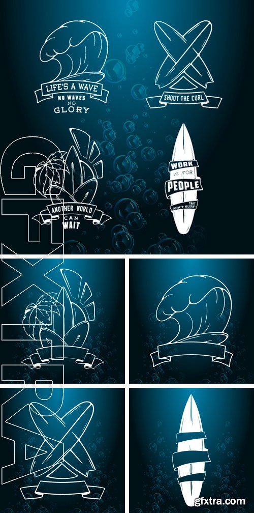 Stock Vectors - Modern Sketch isolated set of surfing illustration logo emblem with lettering. Design element, Logo