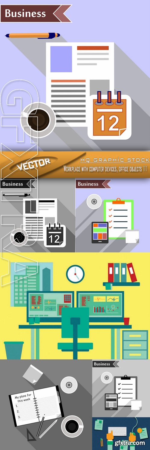Stock Vector - Workplace with computer devices, office objects 11