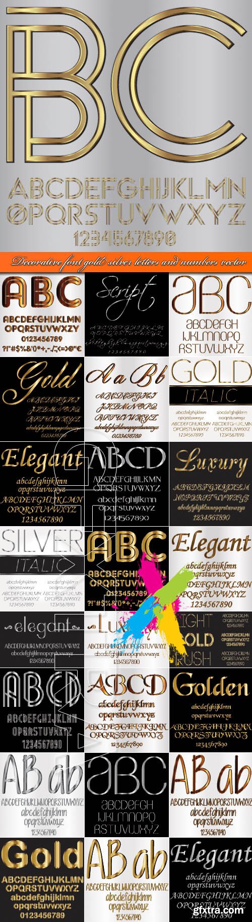 Decorative font gold silver letters and numbers vector