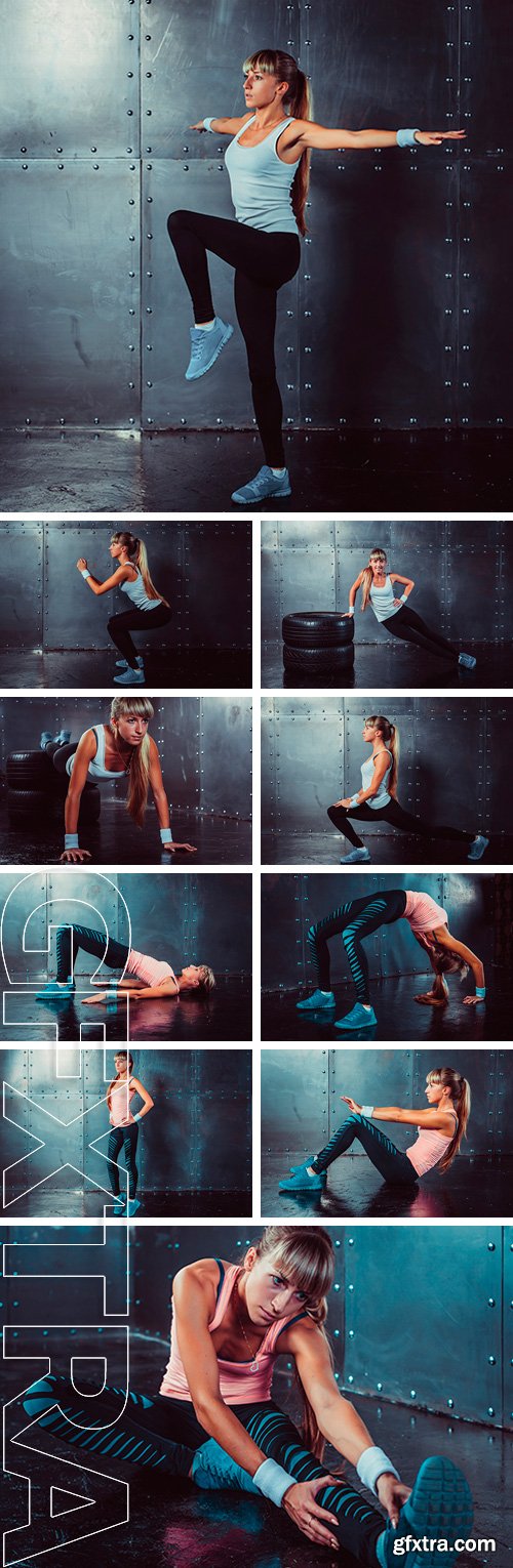 Stock Photos - Sporty athlete woman doing push ups on tire strength power training concept cross fit fitness workout sport and lifestyle