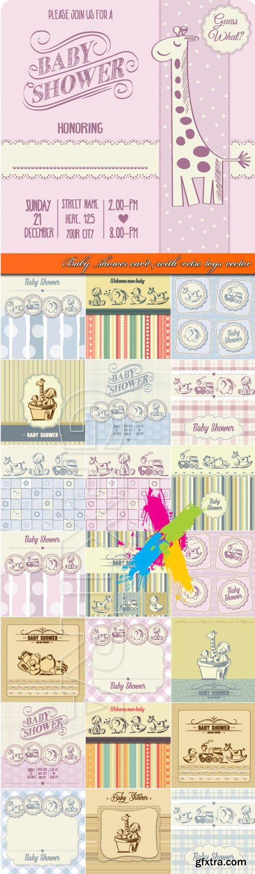 Baby shower card with retro toys vector