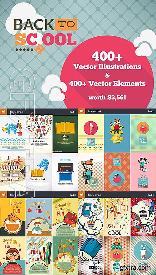 Back to School Giga Bundle 400 Vector Illustrations & 400 Vector Elements