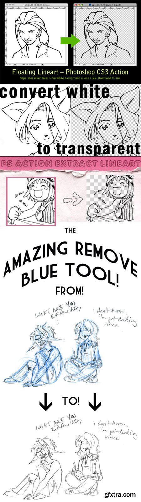 Floating Lineart & Remove Blue Pencil Actions for Photoshop