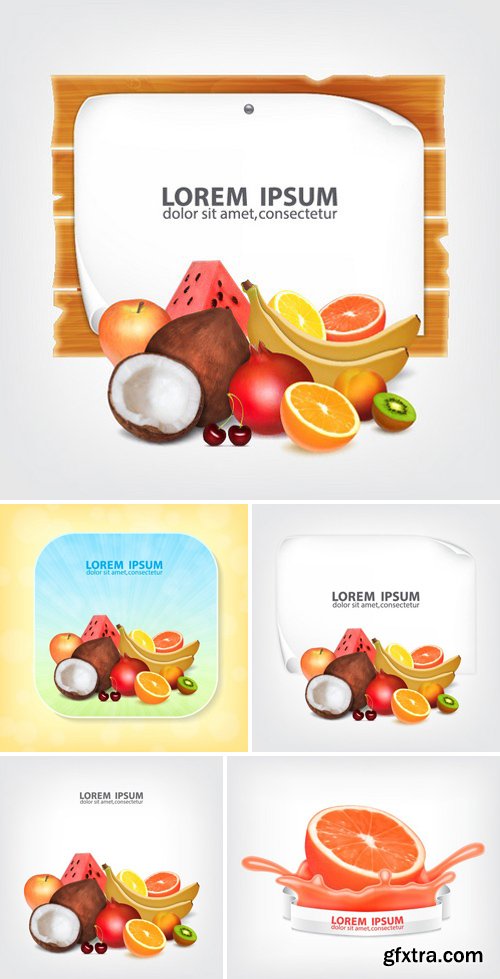 Stock Vectors - Set Of Fruits. coconut, banana, pomegranate, orange, lemon, grapefruit, apple, watermelon, peach, kiwi, cherry