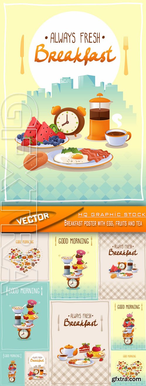 Stock Vector - Breakfast poster with egg, fruits and tea