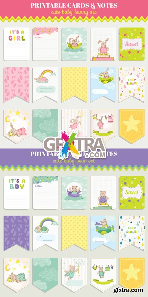 Cute Cards with Bear & Bunny Vector