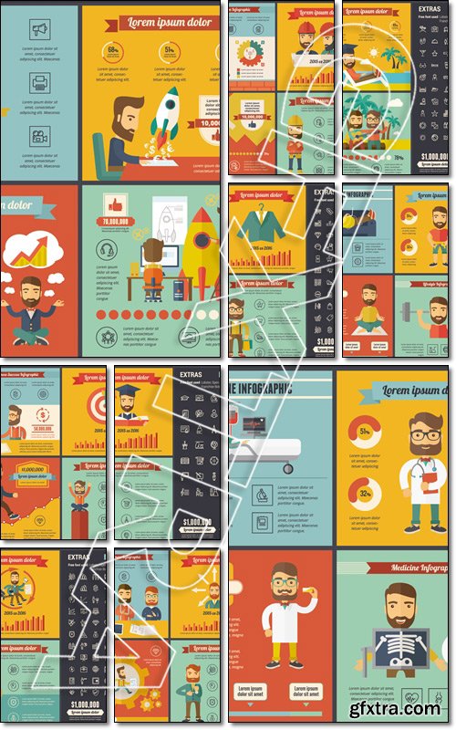 Infographic template and elements, hipster men and huge awesome set of thin line icons. Modern minimalistic flat - Vector