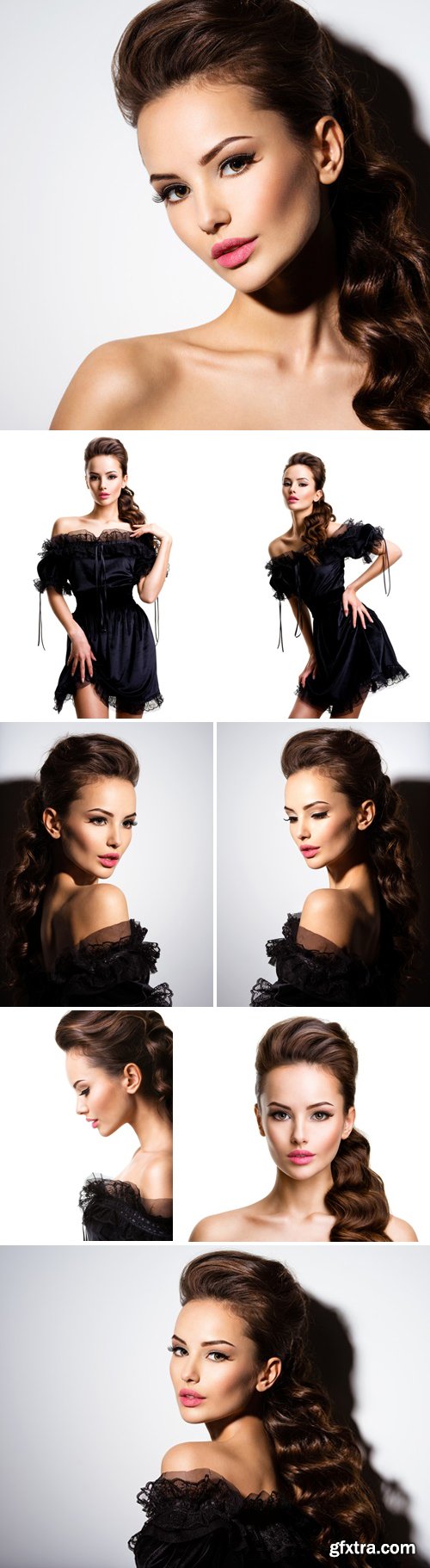 Stock Photos - Beautiful Face Of An Young Sexy Girl In Black Dress Posing At Studio On White Background