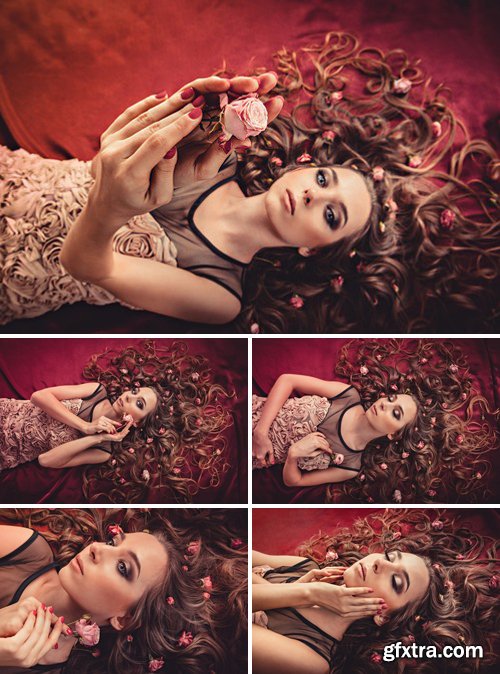 Stock Photos - Hair With Roses Expand On The Fabric Colored Marsala. top view image of a girl with long curly hair