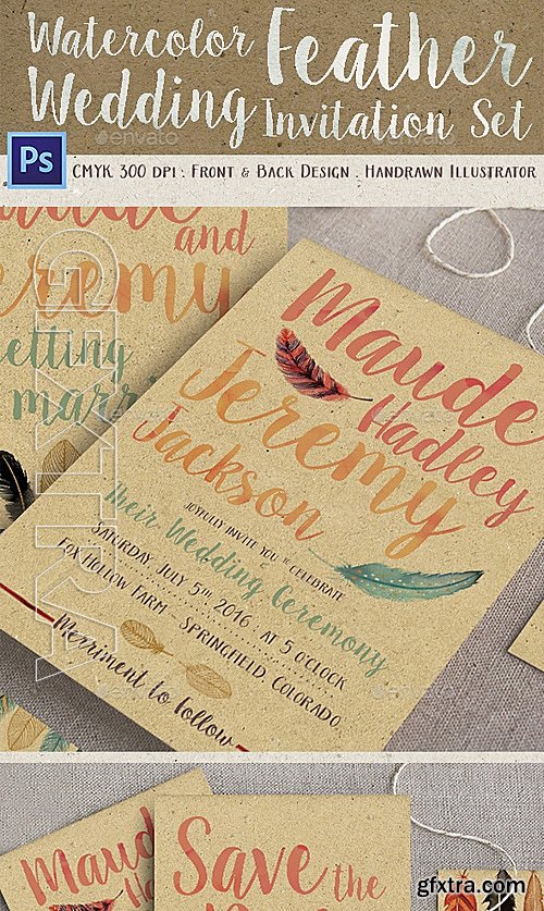 GraphicRiver - Watercolor Feather Wedding Invitation Set 12783475