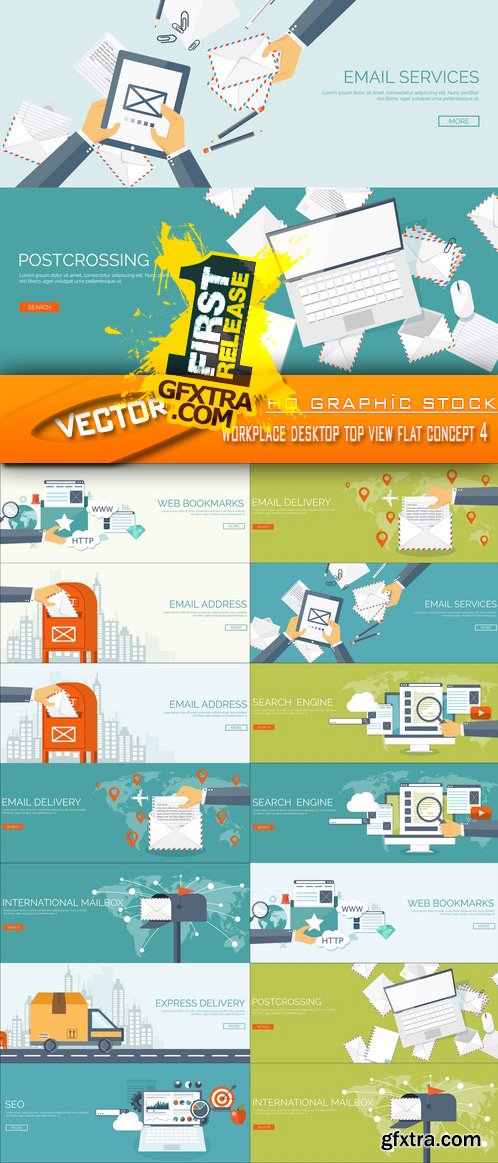 Stock Vector - Workplace desktop top view flat concept 4