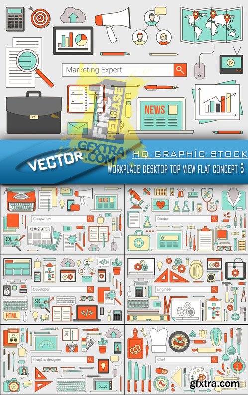 Stock Vector - Workplace desktop top view flat concept 5