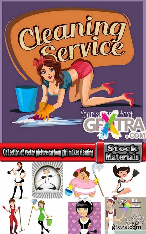 Collection of vector picture cartoon girl makes cleaning clean wash 25 EPS