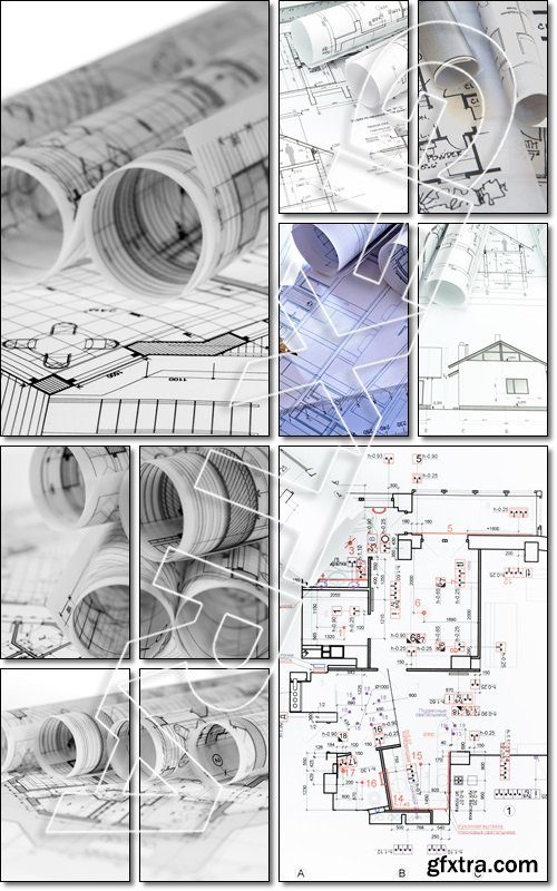 Architect rolls and plans construction project drawing - Stock photo