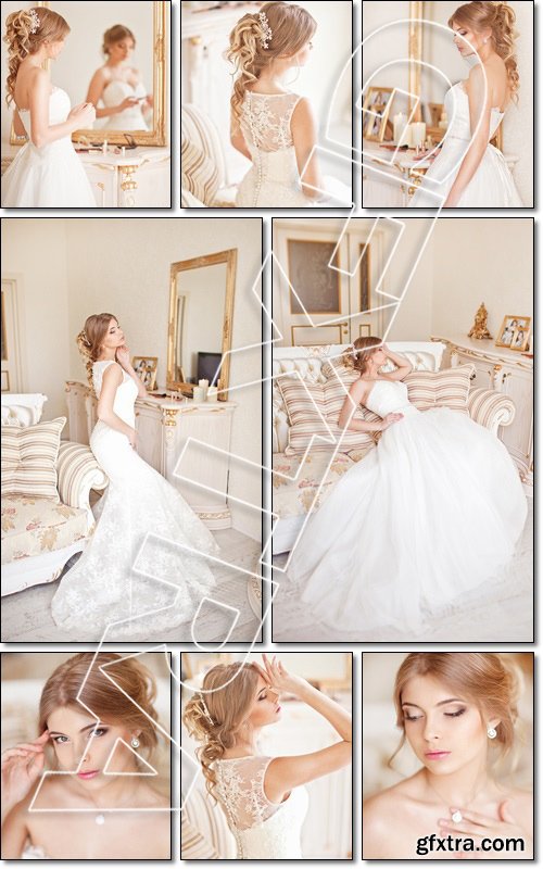 Young attractive bride in ivory tenderness wedding dress posing in interior - Stock photo