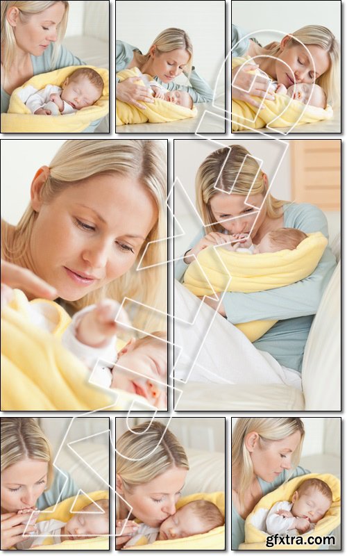 Young mother holding her sleeping baby that is wrapped up in a cover - Stock photo