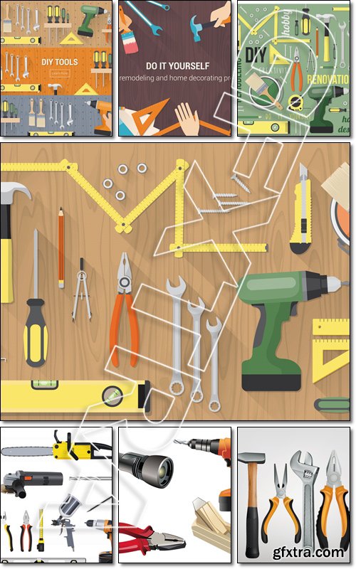 Carpentry & Home Renovation Tools on a Wooden Table Top View 7xEPS