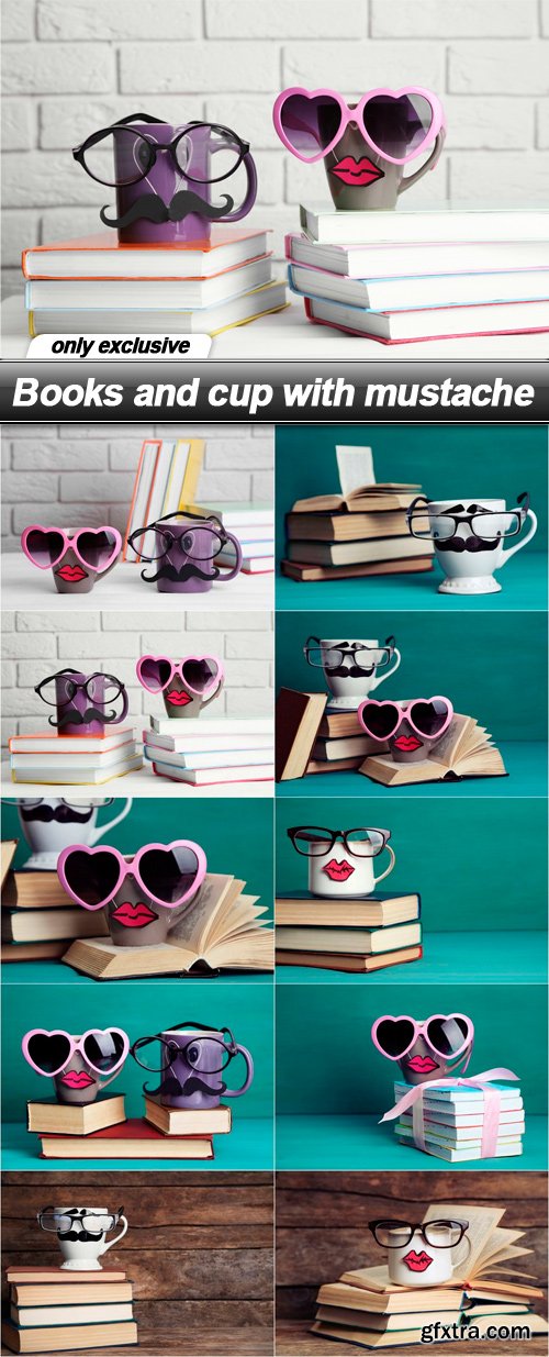 Books and cup with mustache - 10 UHQ JPEG