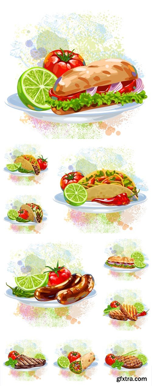 Food with meat and vegetables, vector