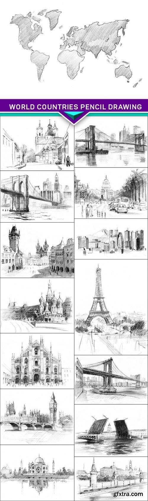 World Countries pencil drawing 15x JPEG