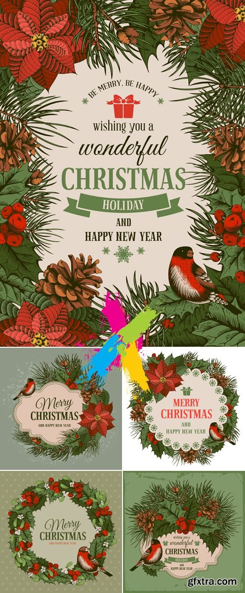 Vintage Christmas Cards Vector 5