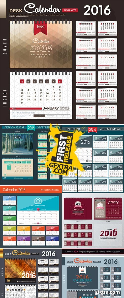 Stock 2016 calendar template, English calendar
