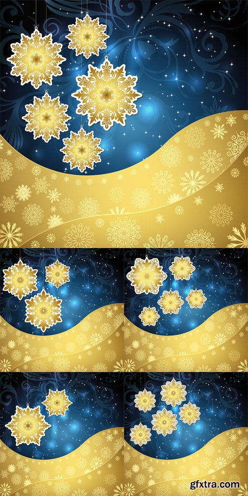 Golden Snowflakes and Frosty Patterns on a Dark Blue Background