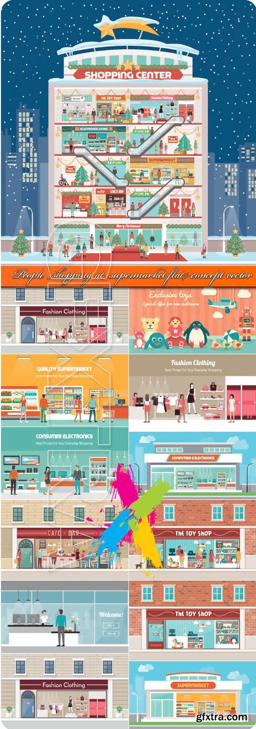 People shopping at supermarket flat concept vector