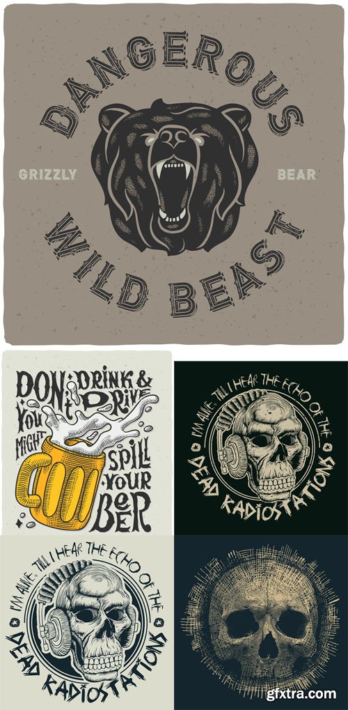 5 T-Shirt Print with Skull Bear and Beer Vector Set