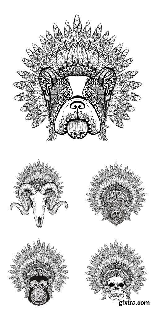 Hand Drawn Bulldog, skull, bear, monkey for tshirt print
