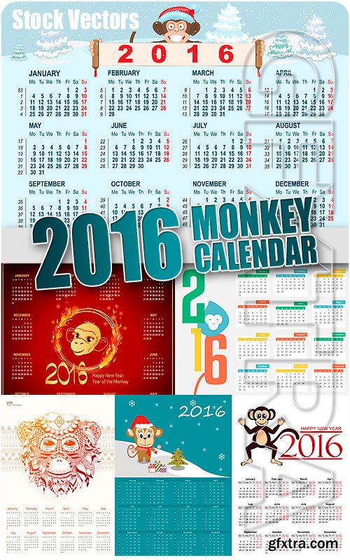 2016 monkey calendars 2 - Stock Vectors