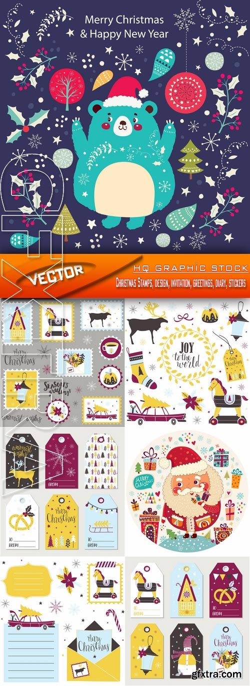 Stock Vector - Christmas Stamps, design, invitation, greetings, diary, stickers
