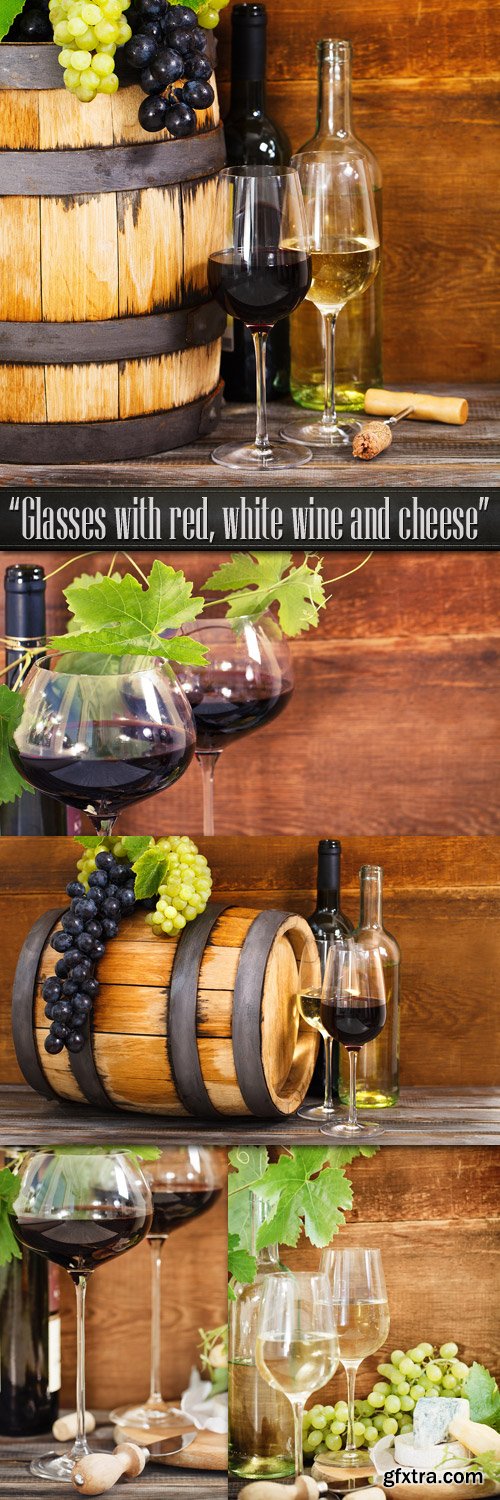 Glasses with red, white wine and cheese