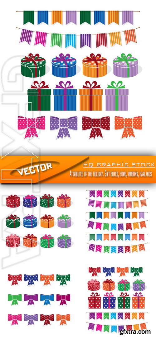 Stock Vector - Attributes of the holiday. Gift boxes, bows, ribbons, garlands