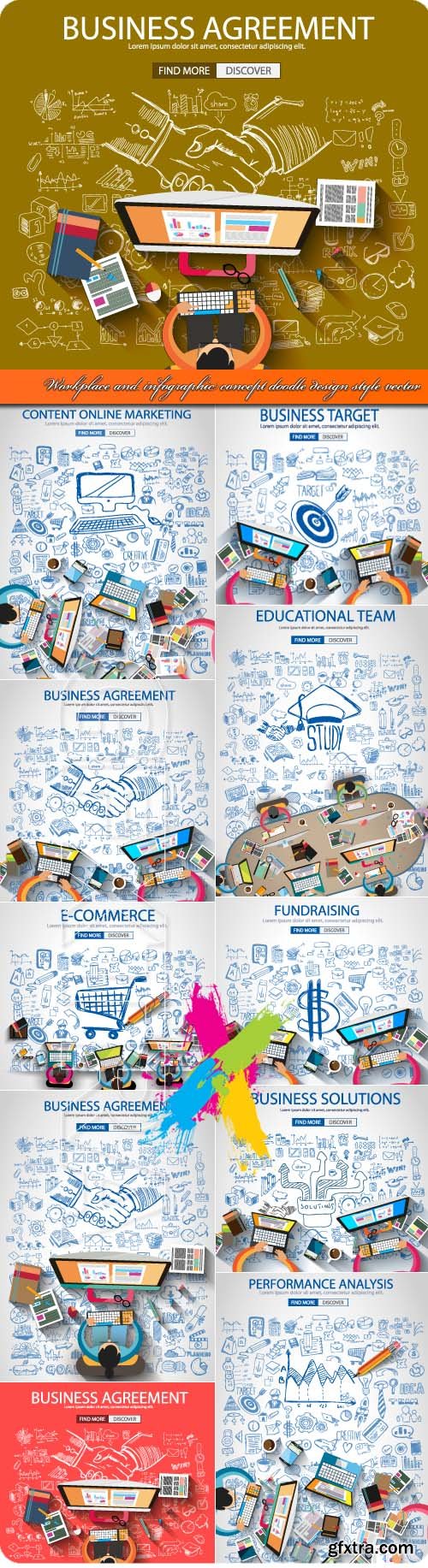 Workplace and infographic concept doodle design style vector