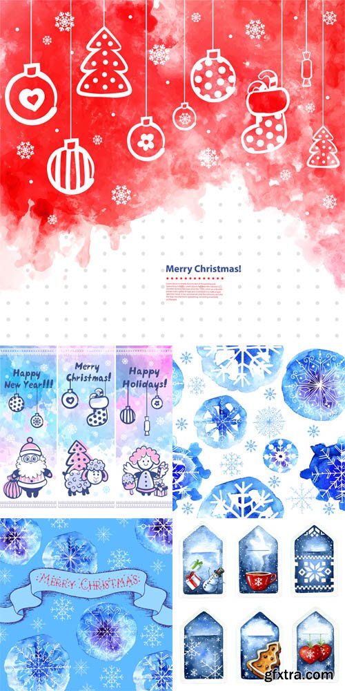 Watercolor Christmas vector set of banners, tags, patterns