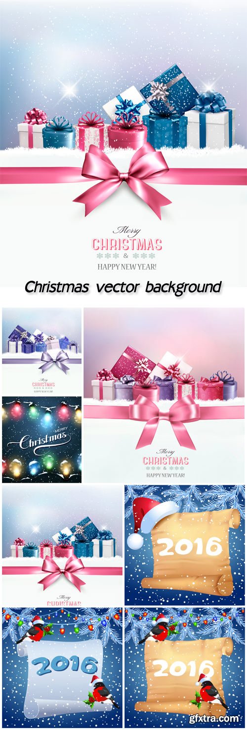 Vector Christmas background with gifts, posters bullfinches