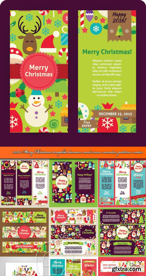 2016 Merry Christmas template banners cards icons seamless patterns vector