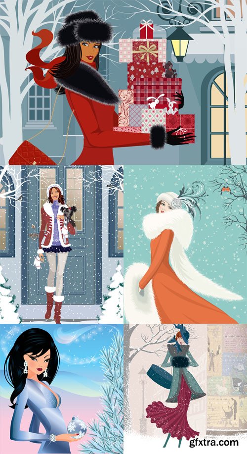 5 Winter Girl Seasons Card Vector Illustrations