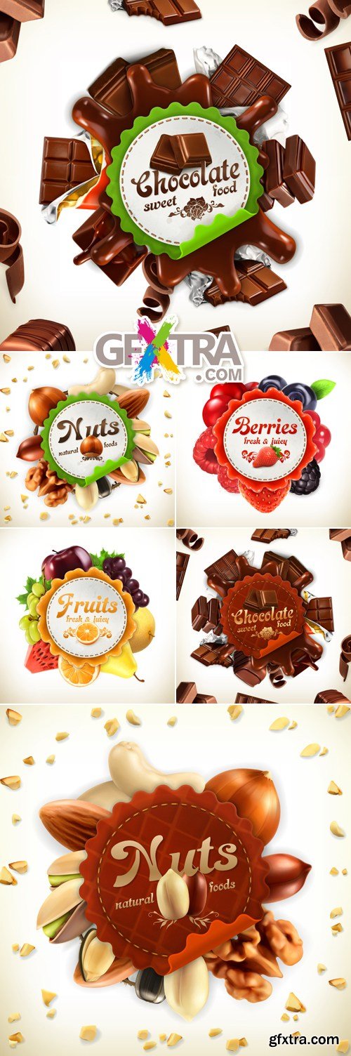 Chocolate, Fruits, Berries & Nuts Labels Vector