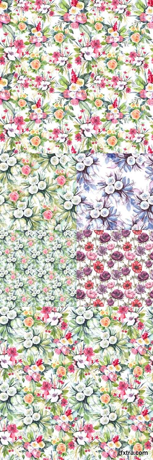 6 Watercolor seamless patterns with flowers