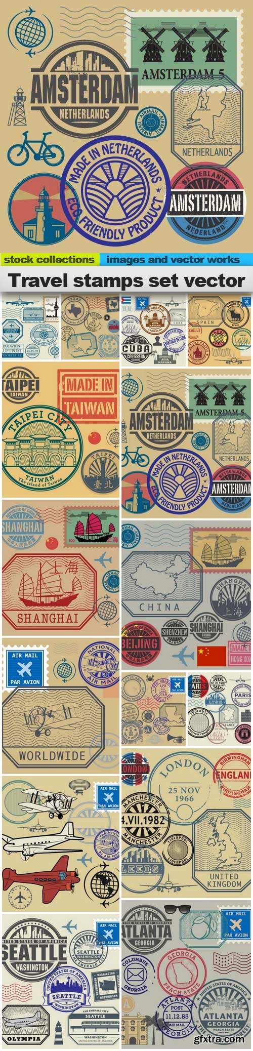 Travel stamps set vector, 15 x EPS