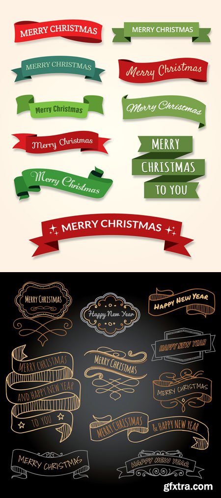 Merry Christmas & Happy New Year Ribbons Vector